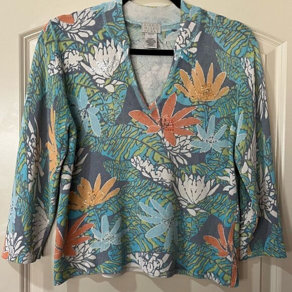 SIGRID OLSEN SPORT Sequined Tropical Floral Knit Rayon Sweater Women’s Size LP - Picture 1 of 6
